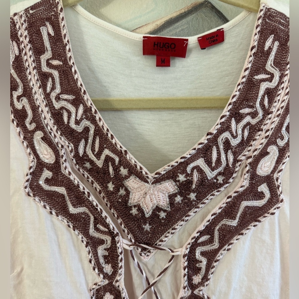 HUGO BOSS Light Pink Brown Beaded Embroidered Open Front Boho Tank Top Size Med - Picture 2 of 7